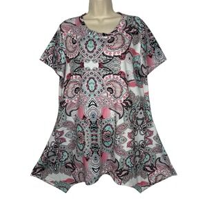 Mirol Womens XL Paisley Sharkbite Tunic Top Pink Mint Short Sleeve Boho Swing